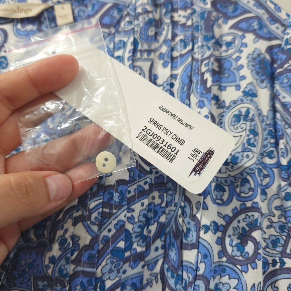 Cottage Core Blue White Paisley Dress Lace Trim, Bell Sleeves, Tiered Hem - Picture 14 of 16
